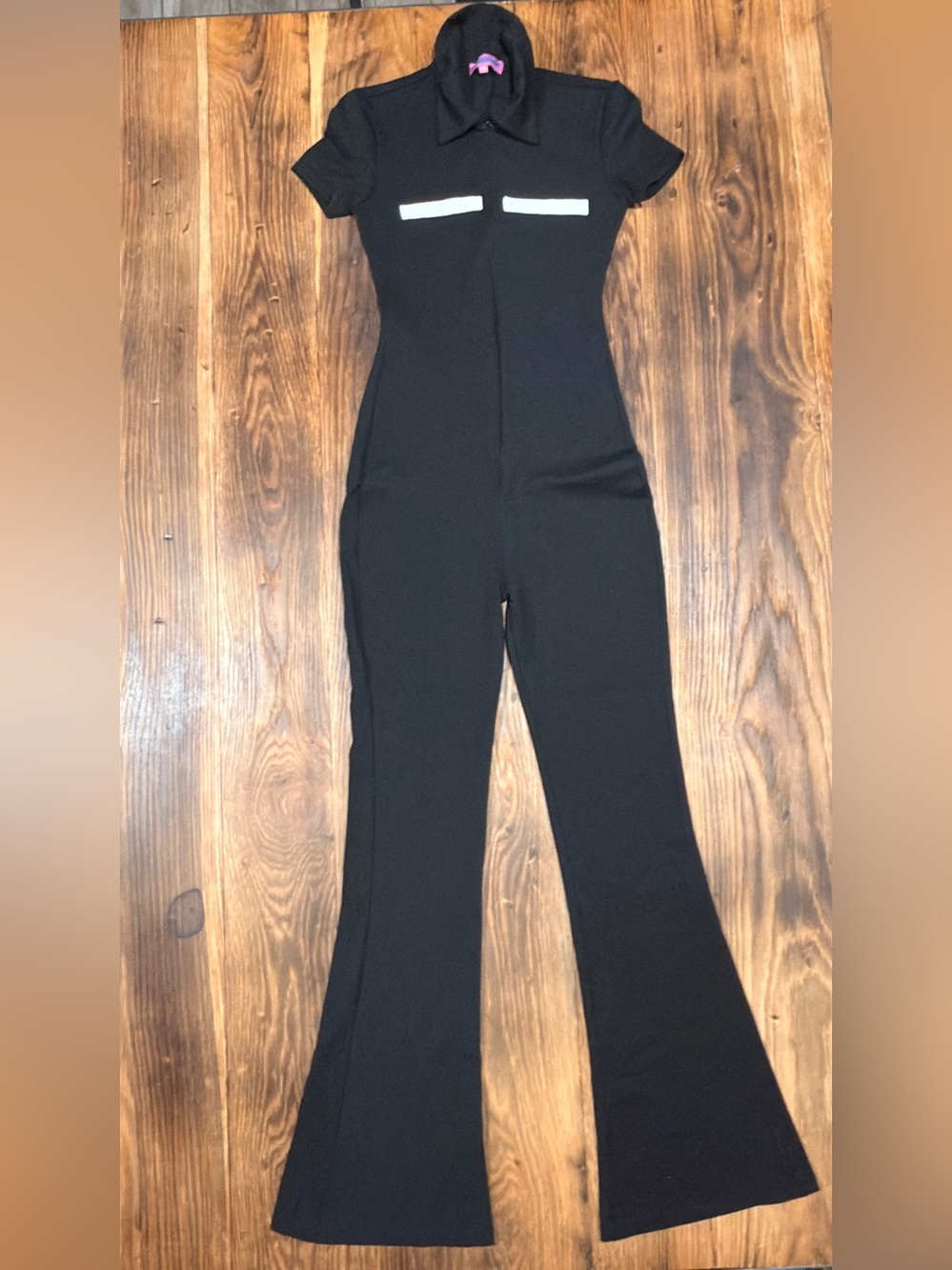 Edikted Black Short-Sleeve Flared Jumpsuit with White Chest Accents